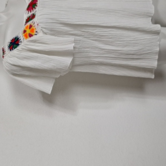 White Boho Multicolor Bohemian Hippie Crochet Square Neck Peasant Blouse Size L - Picture 7 of 13